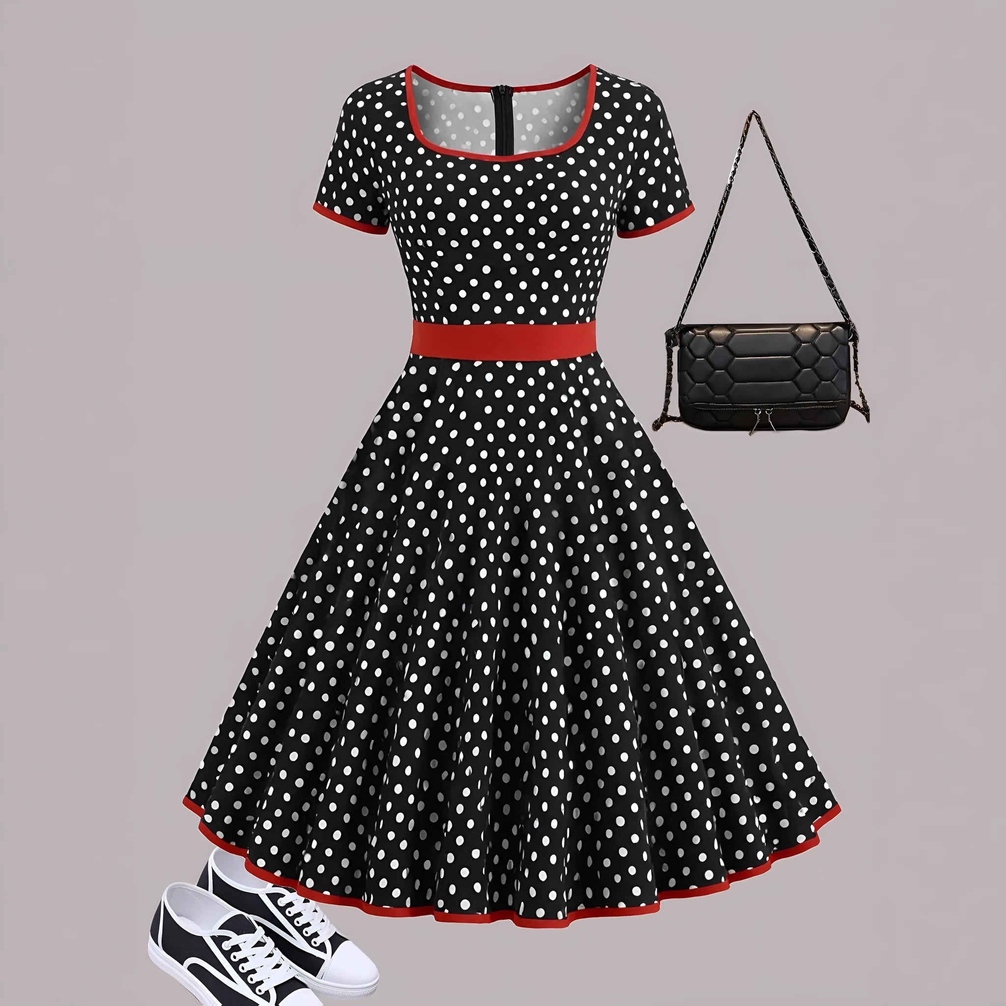 Multicolour polka dot pleated dress with square collar and front zipper.