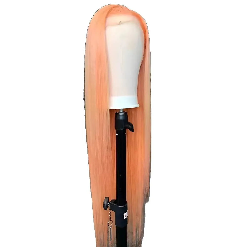 Light orange long straight front lace wig on a mannequin head, showing side bangs.