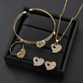 Gold electroplated women's jewellery set with love pendant necklace, earrings, and bracelet on a white background.