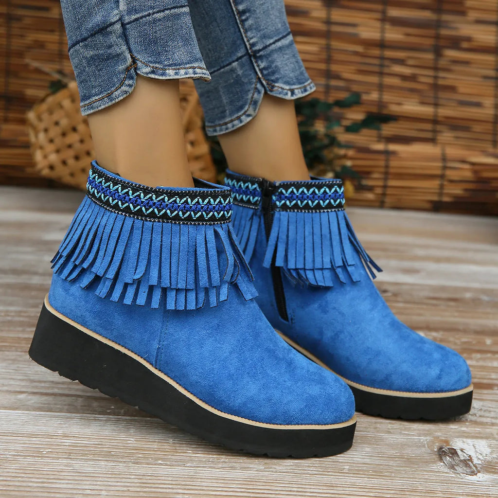 Women's black suede wedge boots with a side zipper and thick platform sole