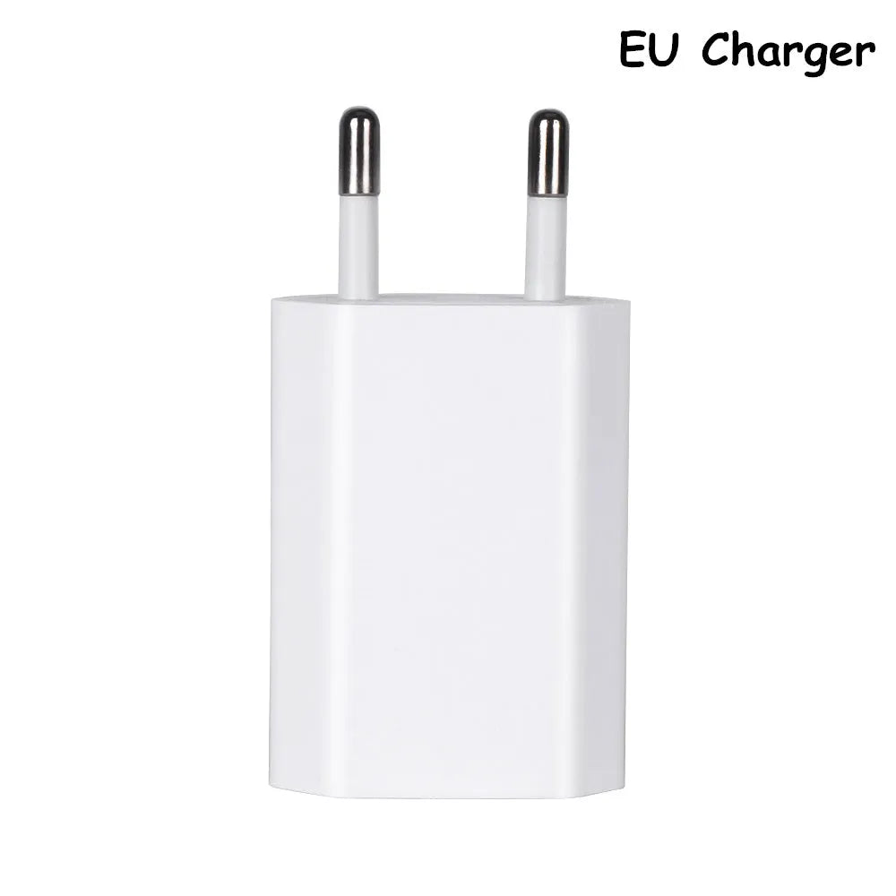 White USB travel charger and cable for iPhone and iPad models, showing 5V 2A output specification.