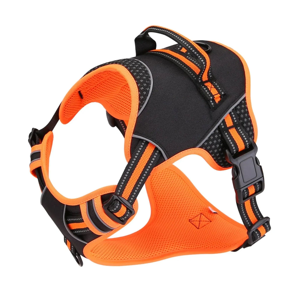 Yellow or orange polyester dog harness with traction strap for outdoor pet training