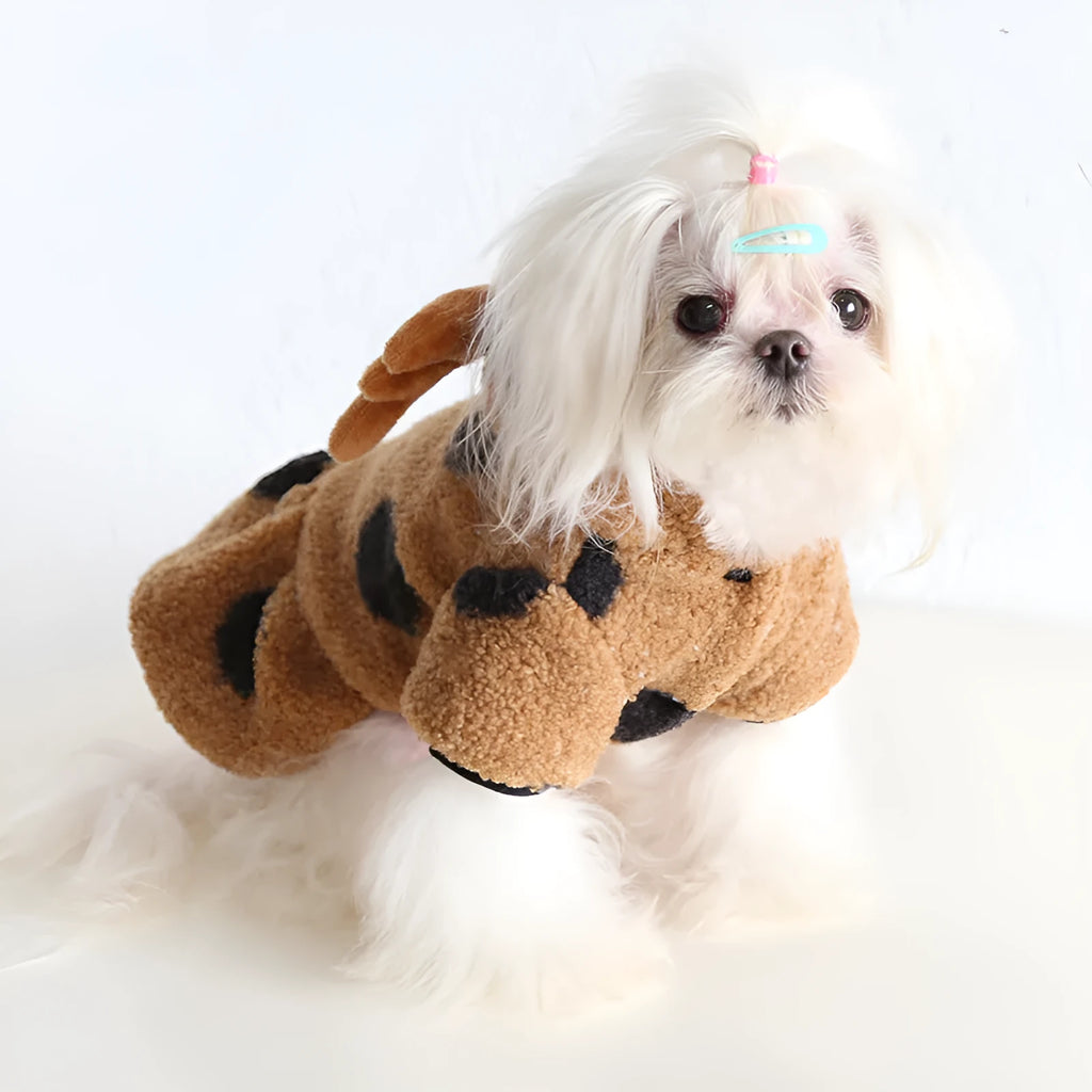 Dog or cat wearing polka dot clothing with an elk couple design, showing skirt and four-legs style options.