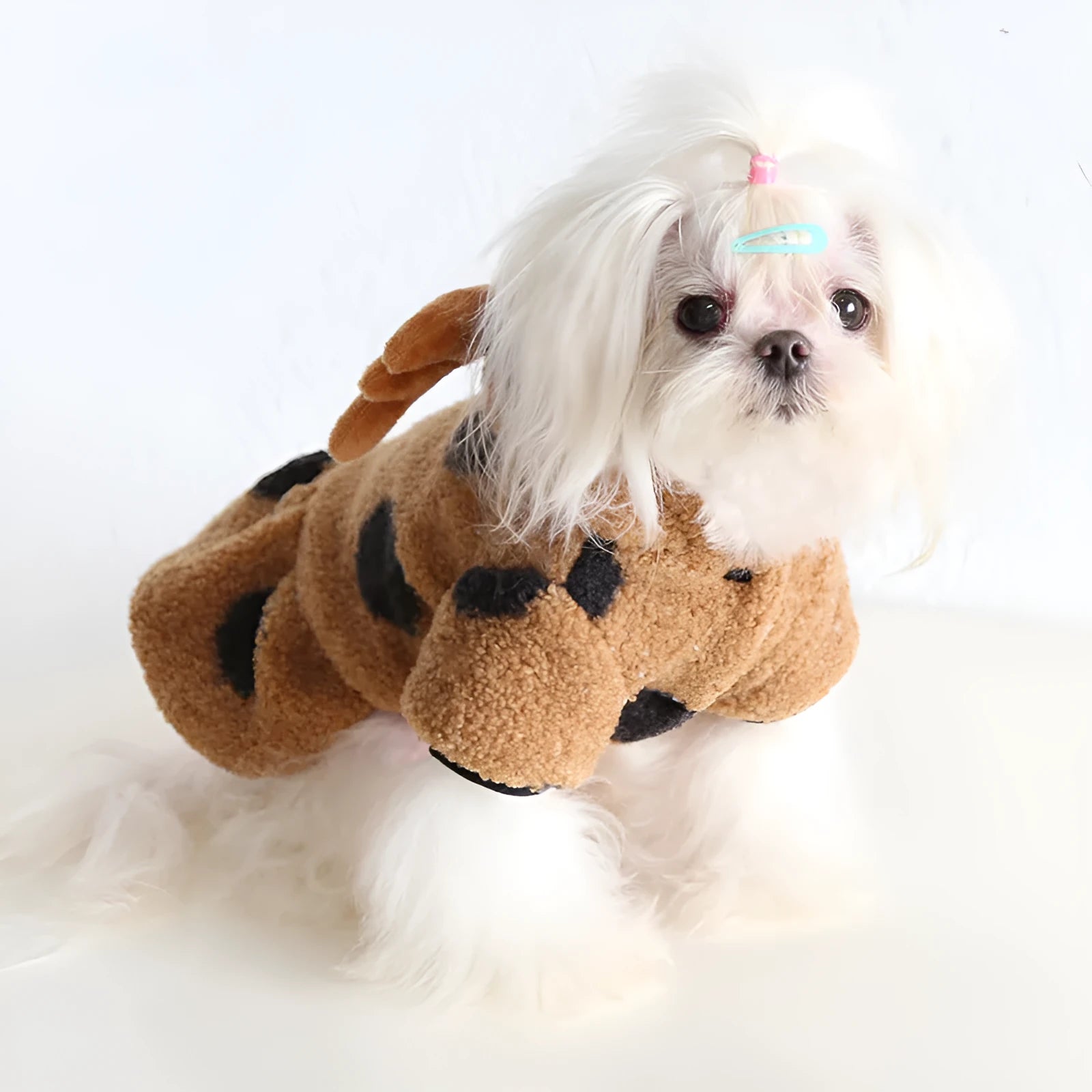 Dog or cat wearing polka dot clothing with an elk couple design, showing skirt and four-legs style options.