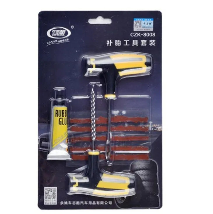 Yellow car tire repair kit with scraper, needle, glue, and 5 rubber strips in blister card packaging, size 16x25.5 cm