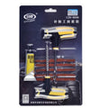 Yellow car tire repair kit with scraper, needle, glue, and 5 rubber strips in blister card packaging, size 16x25.5 cm