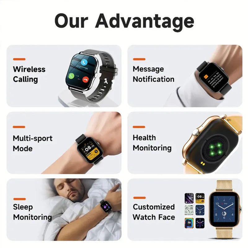 Smart watch with 144-inch touch screen showing heart rate display and Bluetooth calling interface