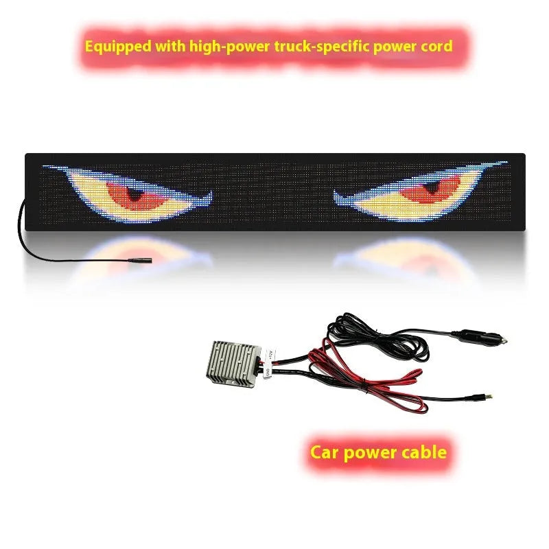 Flexible LED car windshield display showing dynamic eyes, 1280x155mm size, USB powered 5V
