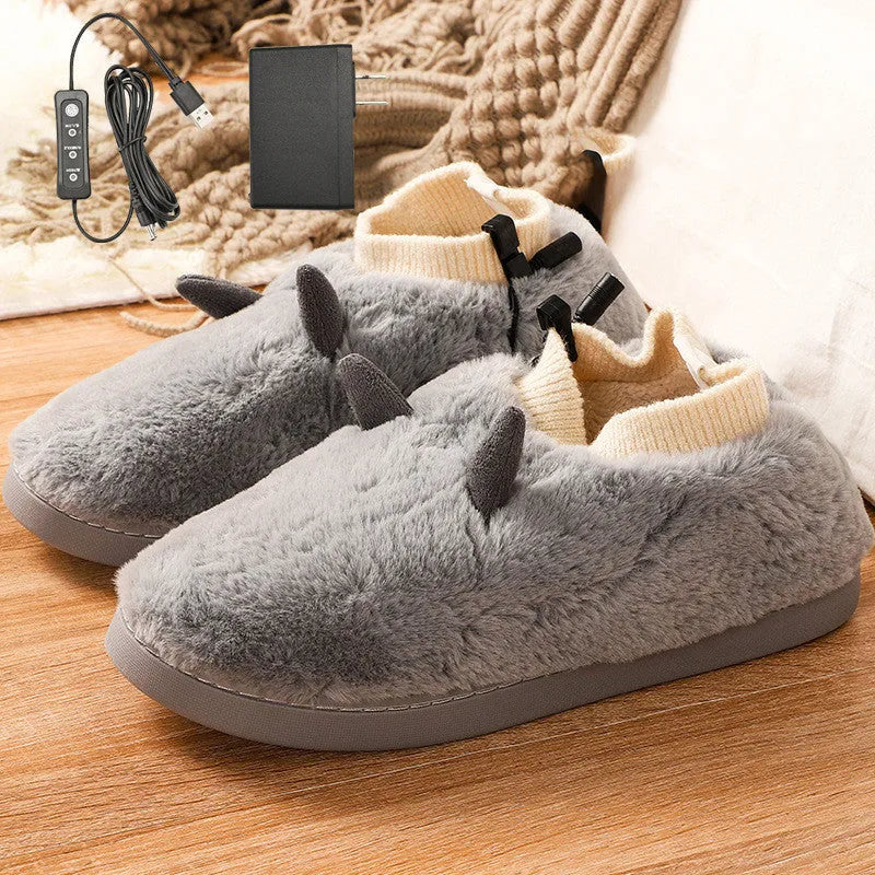 USB electric heating slippers in soft velvet, showing adjustable temperature controls and a connected USB cable.