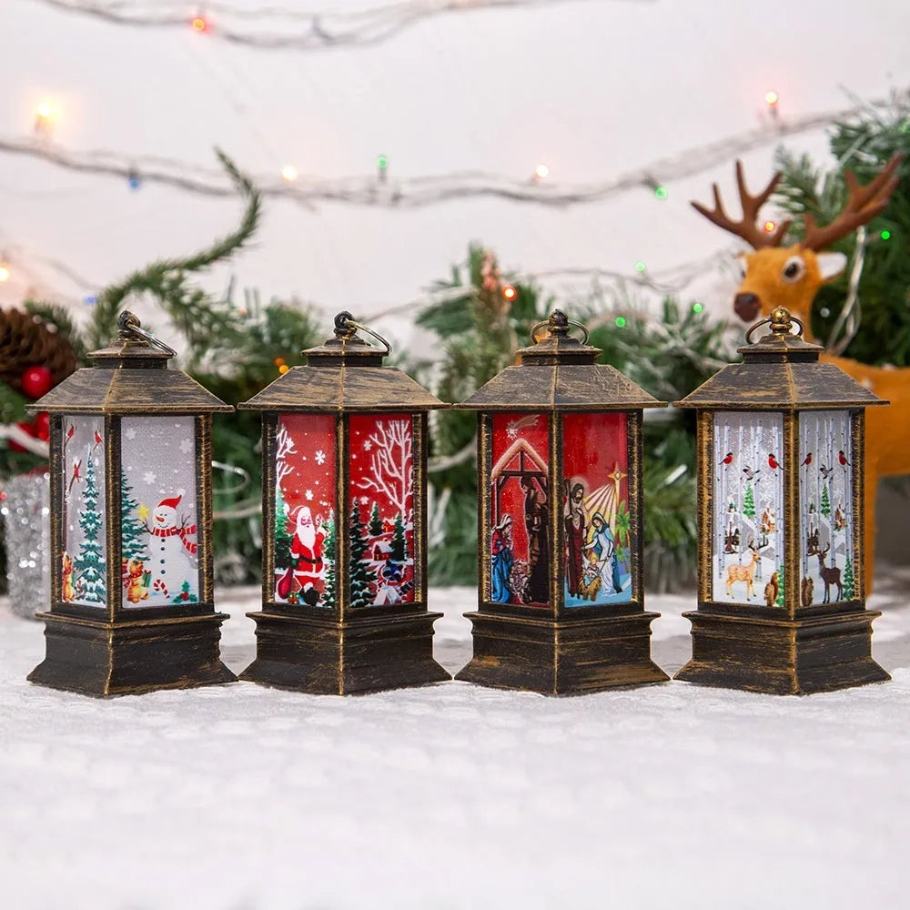 Christmas portable oil lamp with Santa Claus design, plastic construction, battery powered LED light for indoor outdoor hanging decoration