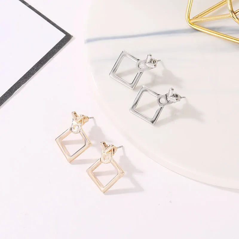 Hollow diamond square alloy stud earrings for women, geometric shape, multiple colour options