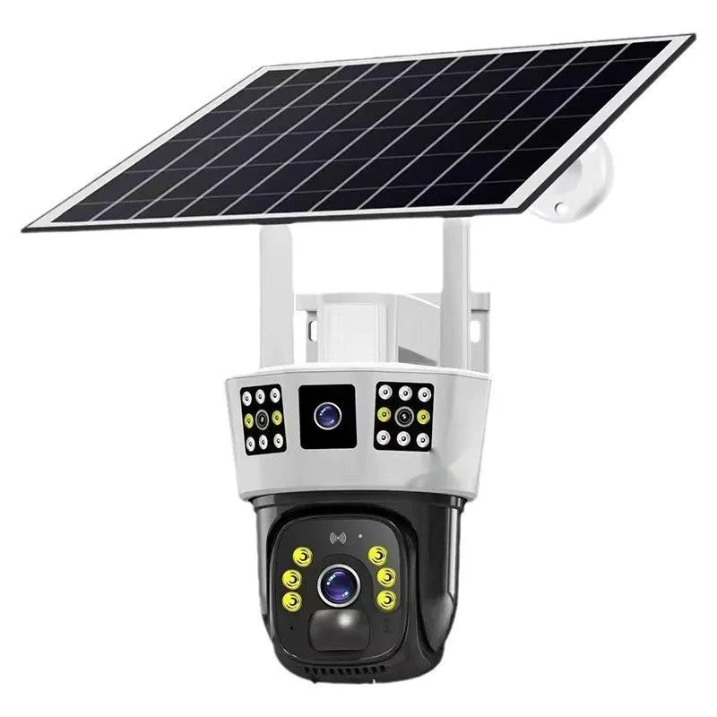 Solar-powered wireless surveillance camera with three-screen monitoring capability