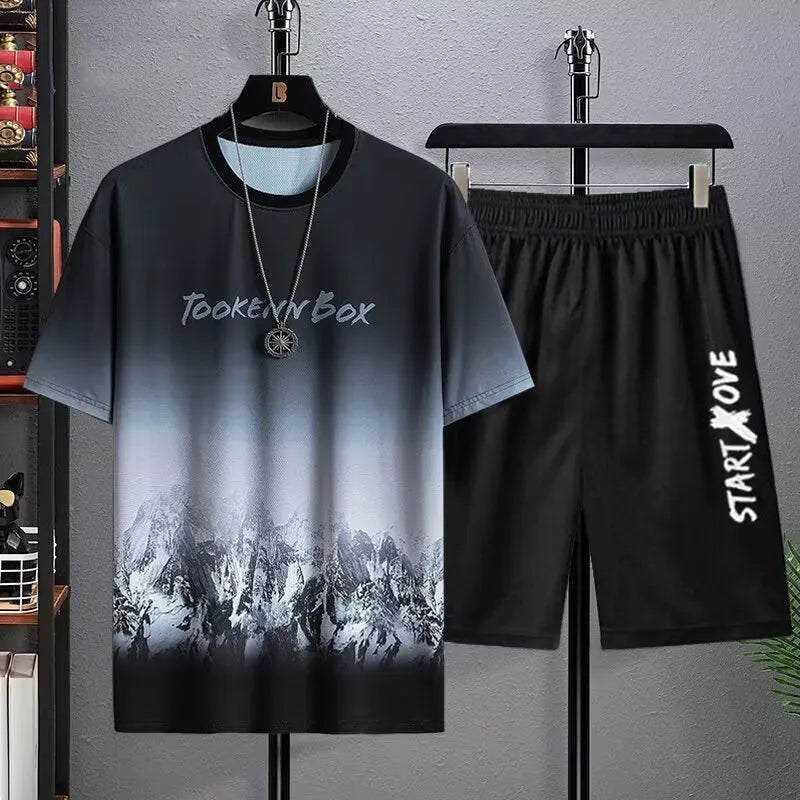 Men's polyester summer shorts suit set with short sleeve top in sports leisure style