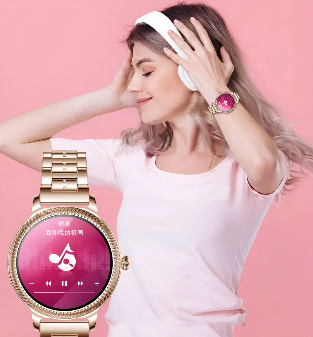 AK38 ladies smart watch with stainless steel wristband and 1.09-inch display
