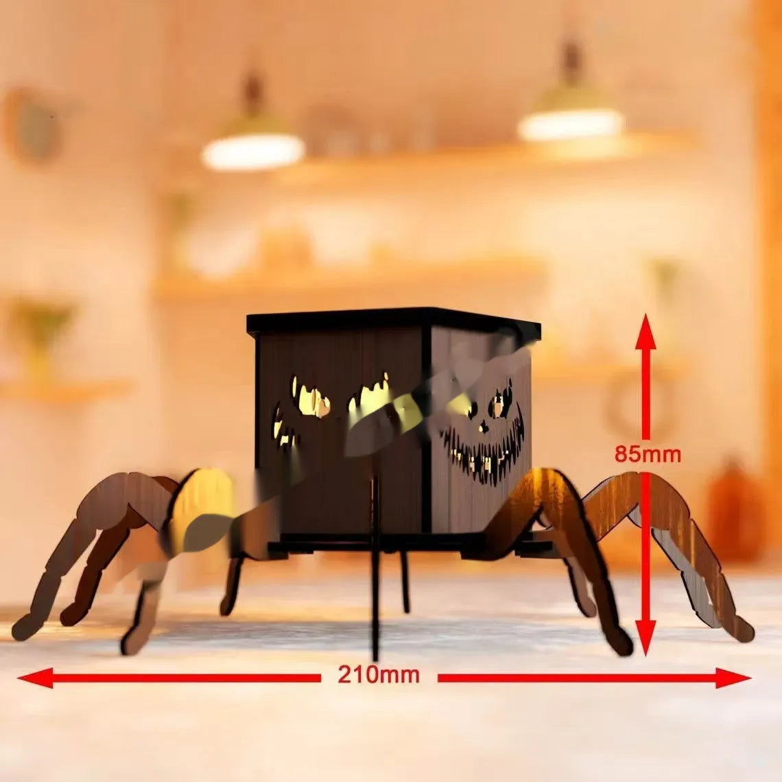 Modern minimalist wooden spider lantern candlestick Halloween decoration measuring 21cm tall