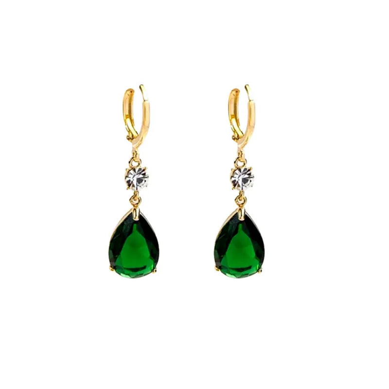 Green geometric teardrop alloy earrings with non-piercing design