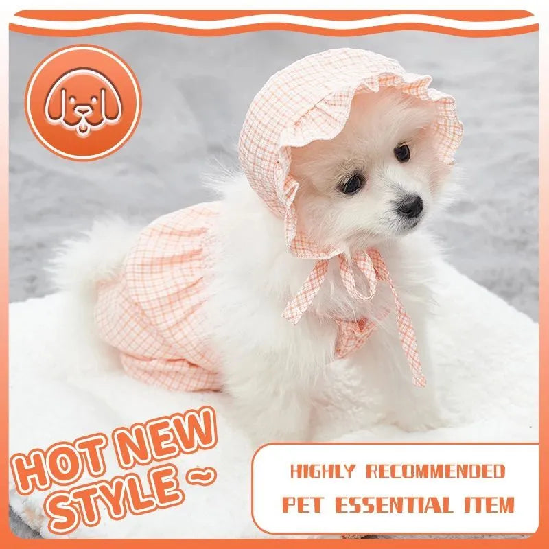 Orange dog jumpsuit with matching hat for small breeds like Yorkies and Chihuahuas, summer outdoor wear