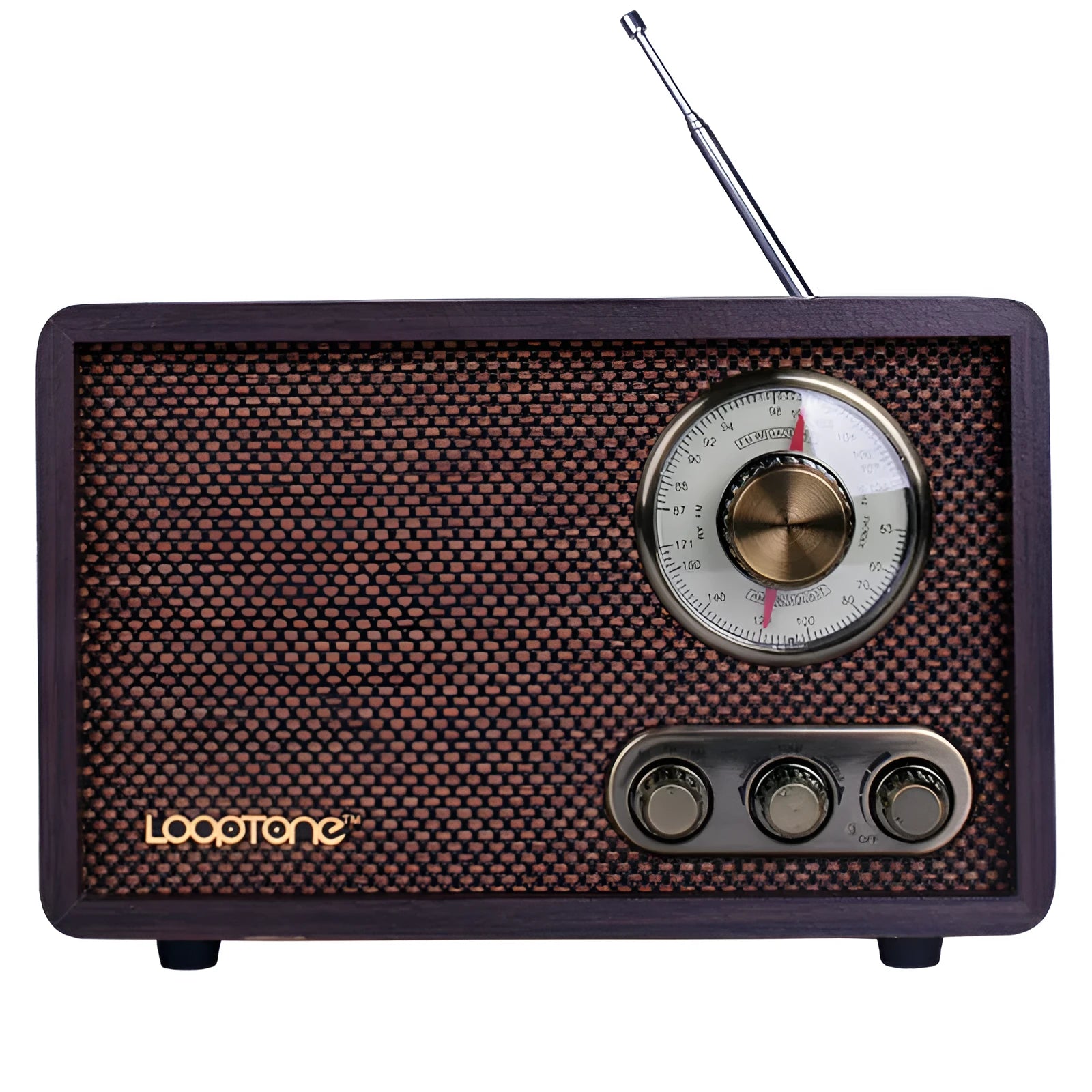 R08 wooden retro Bluetooth radio in dark brown finish with AM FM dial and tone controls