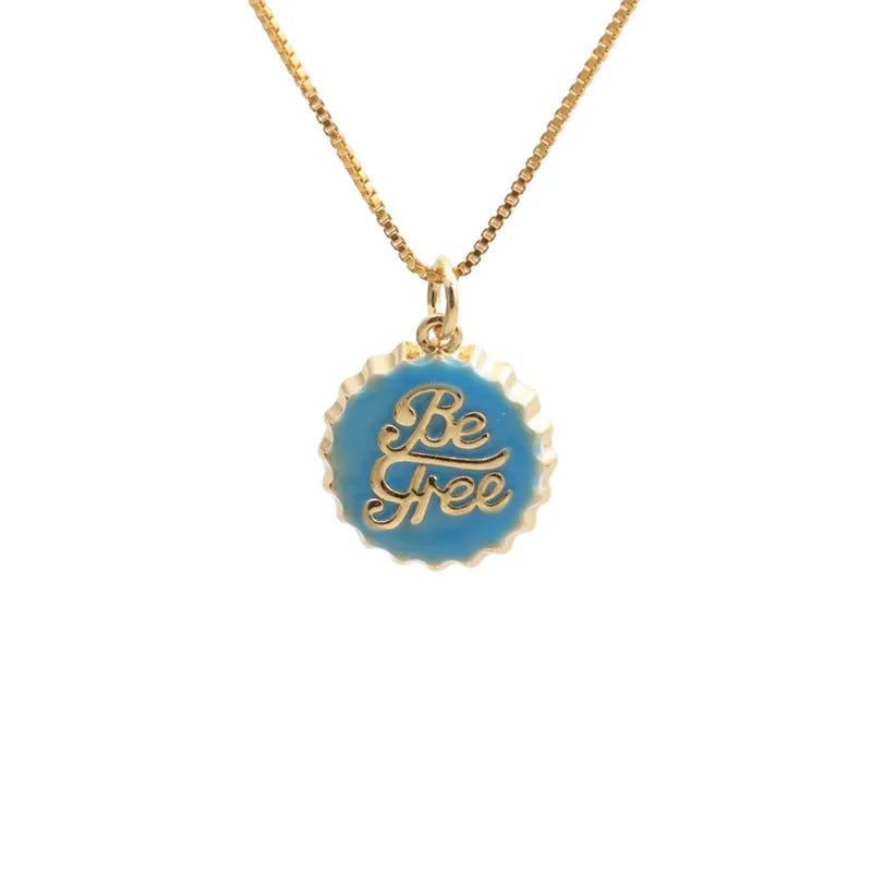 Copper bottle cap pendant necklace with 18K gold electroplating on 40cm box chain