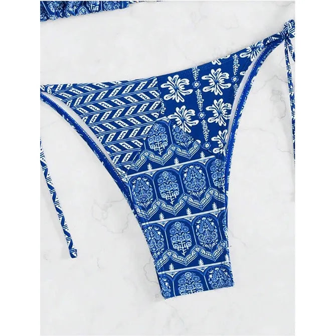 Women's split bikini swimsuit with bandage stitching in polyester material