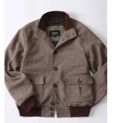 Men's brown tweed short stand-collar single-breasted coat with 70% wool, slim-fit front view