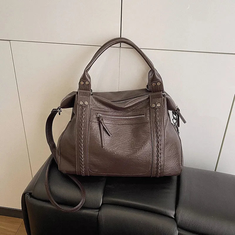 Women's retro trend PU crossbody bag in light brown with single shoulder strap, 38x12x25cm size