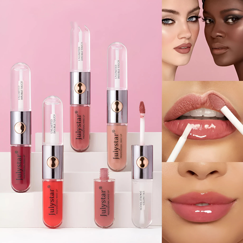 Women's long-lasting moisturising lip gloss in 6ml tube showing available colour styles
