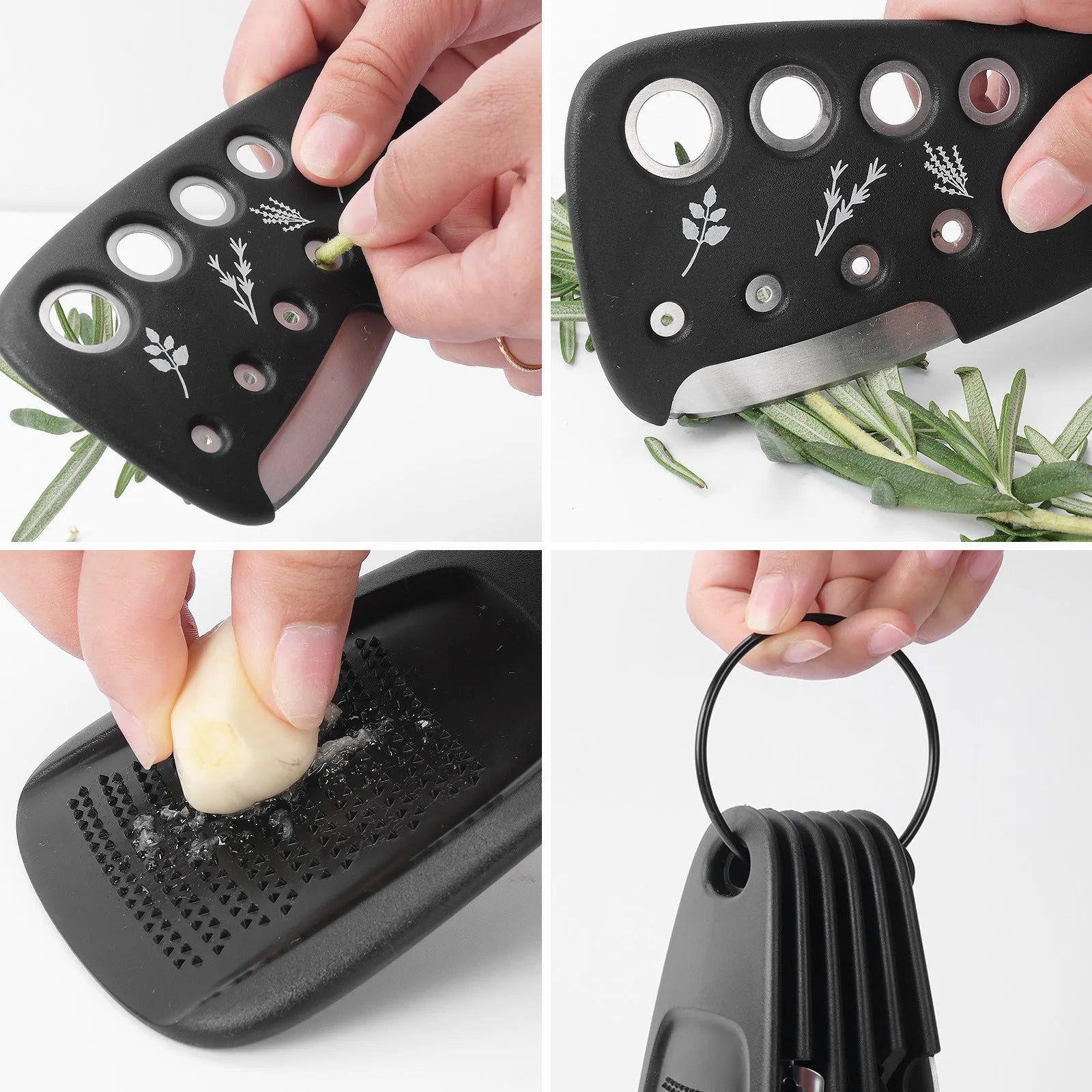 Six kitchen widgets and cleaning brush in modern colour box, made from stainless steel and PP materials