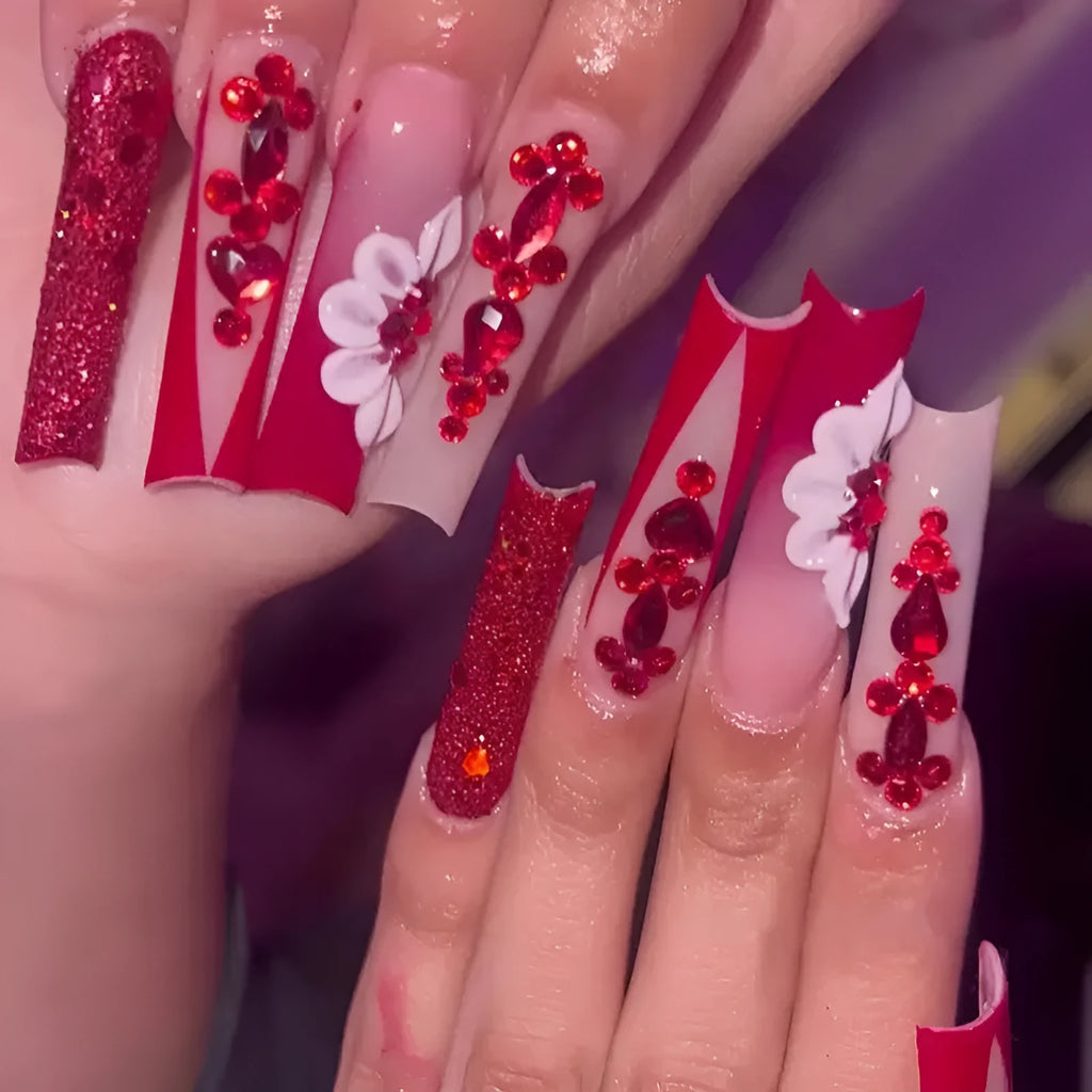 Sweet flowers prismatic red diamond fake nails with European Square long shape