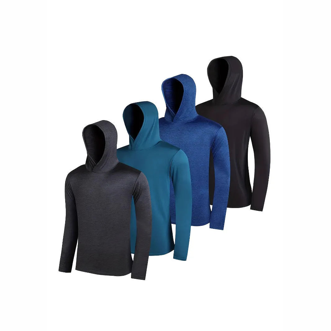 Four men's lightweight polyester hoodies folded together, showcasing elastic fabric and available colour options.