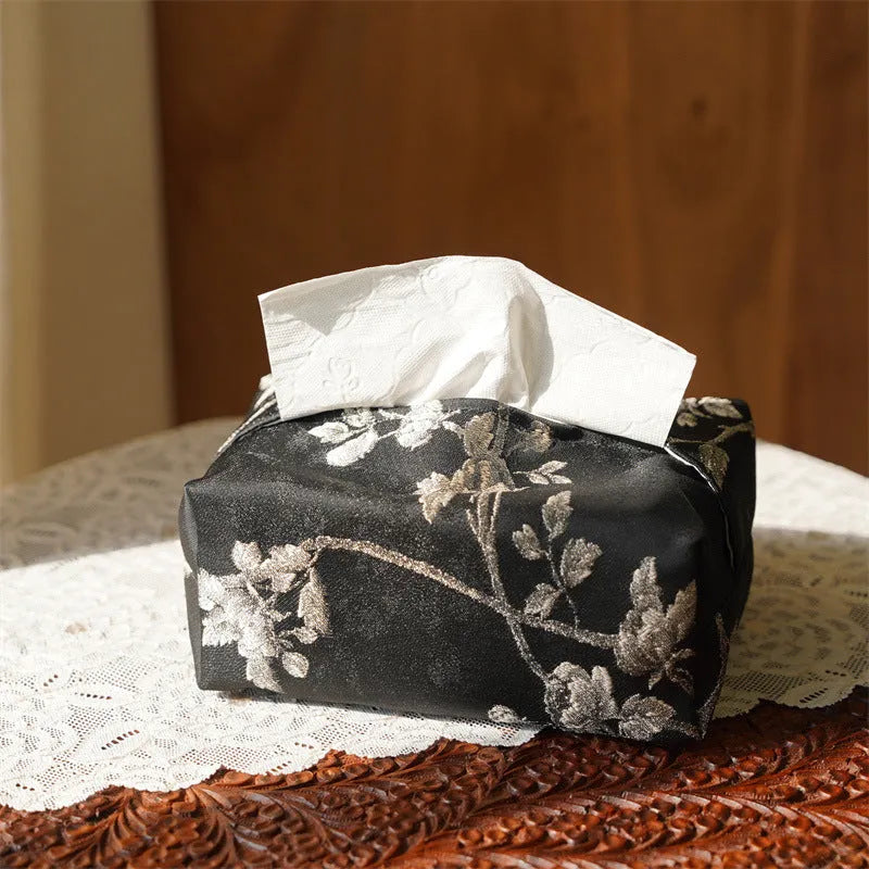 Chinese brocade tissue box cover with embroidered white plum design