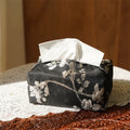 Chinese brocade tissue box cover with embroidered white plum design