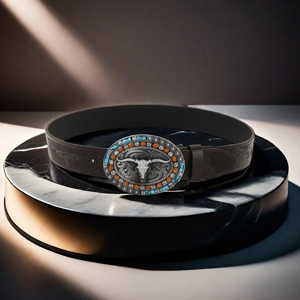 Cow head buckle men's imitation leather belt in black and brown colour options showing decorative alloy buckle detail