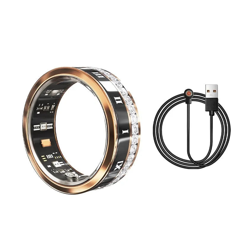 Silver and gold smart rings with blood oxygen monitoring feature on display with charging cable