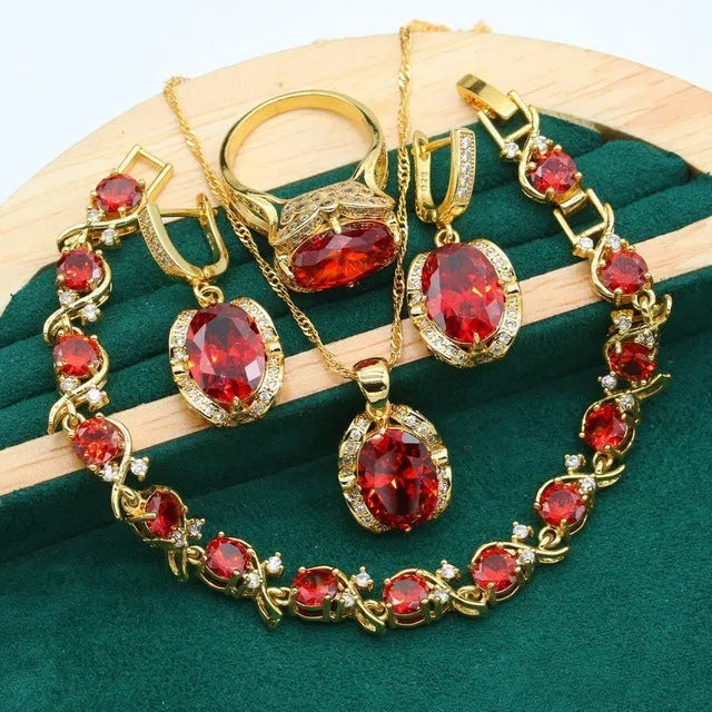 Women's full rhinestone zircon jewellery set with snake bones chain in olive green or red colour