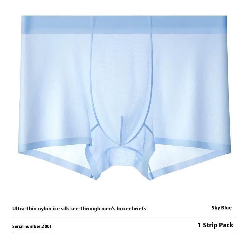Seamless Ice Silk men's boxer briefs in white, shown flat to highlight traceless construction.