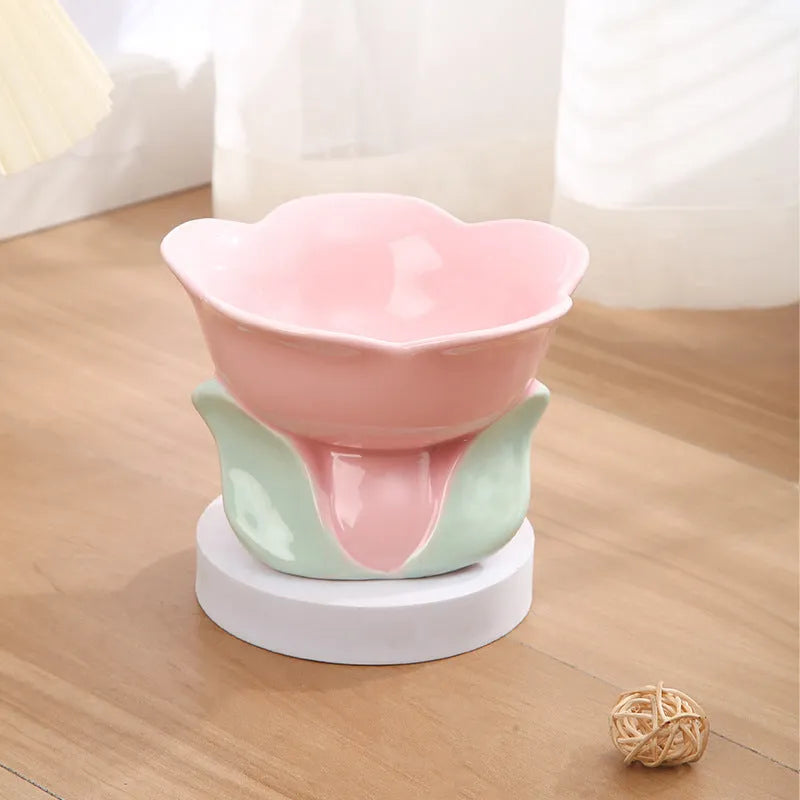 Blue floral patterned elevated ceramic bowl for cat or small dog feeding