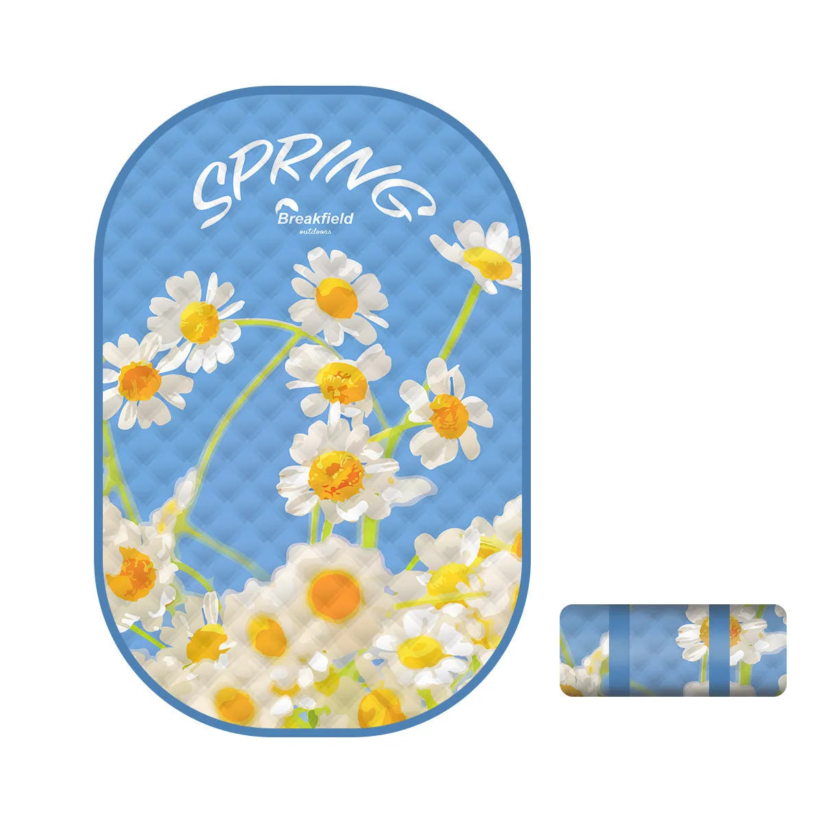 Waterproof outdoor picnic mat in a seasonal colour, shown unrolled on grass.