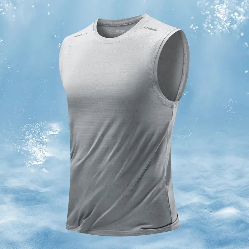 Man wearing a loose grey bamboo fibre sleeveless waistcoat with a straight hem.