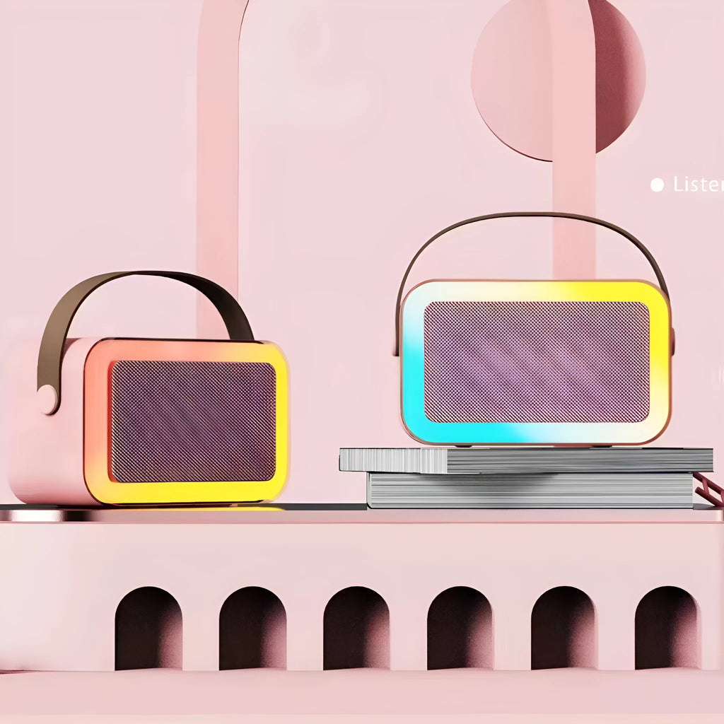 Portable Bluetooth karaoke microphone speaker in pink, sky blue, or white colour