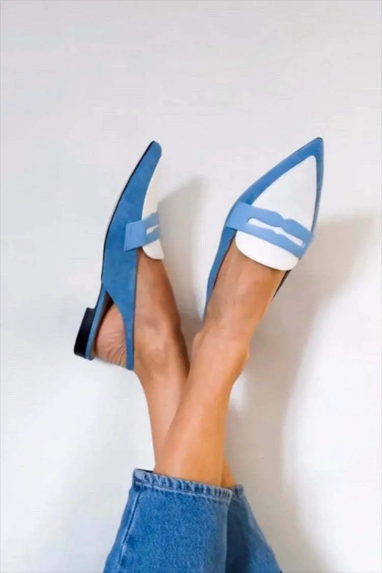 Blue and white colour block pointed low square heel pumps with PU upper and decorative sewing line