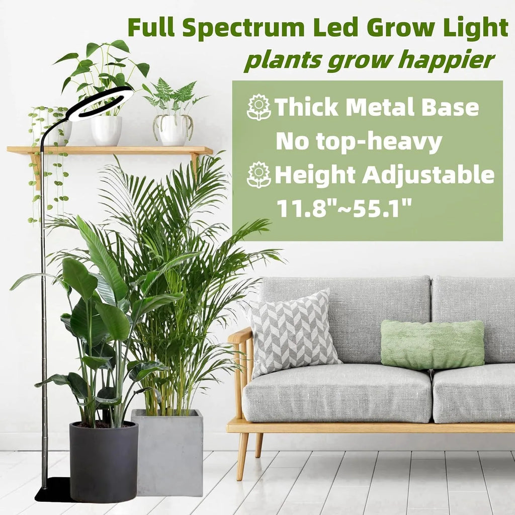 Base dual-purpose floor plant growth lamp with white aluminium housing, telescopic rod, and full spectrum LED beads for indoor plants