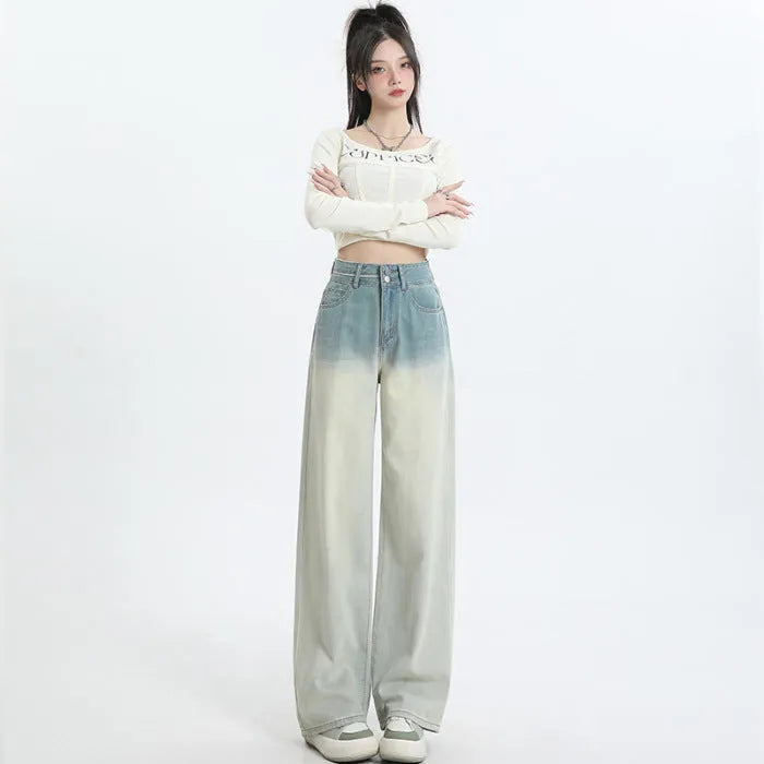 Gradient blue straight-leg denim trousers for women with wide leg design