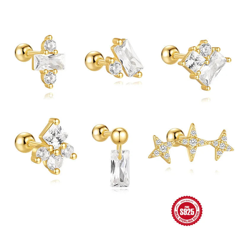 Close-up of S925 sterling silver square gravel flower stud earrings with a golden electroplated finish.