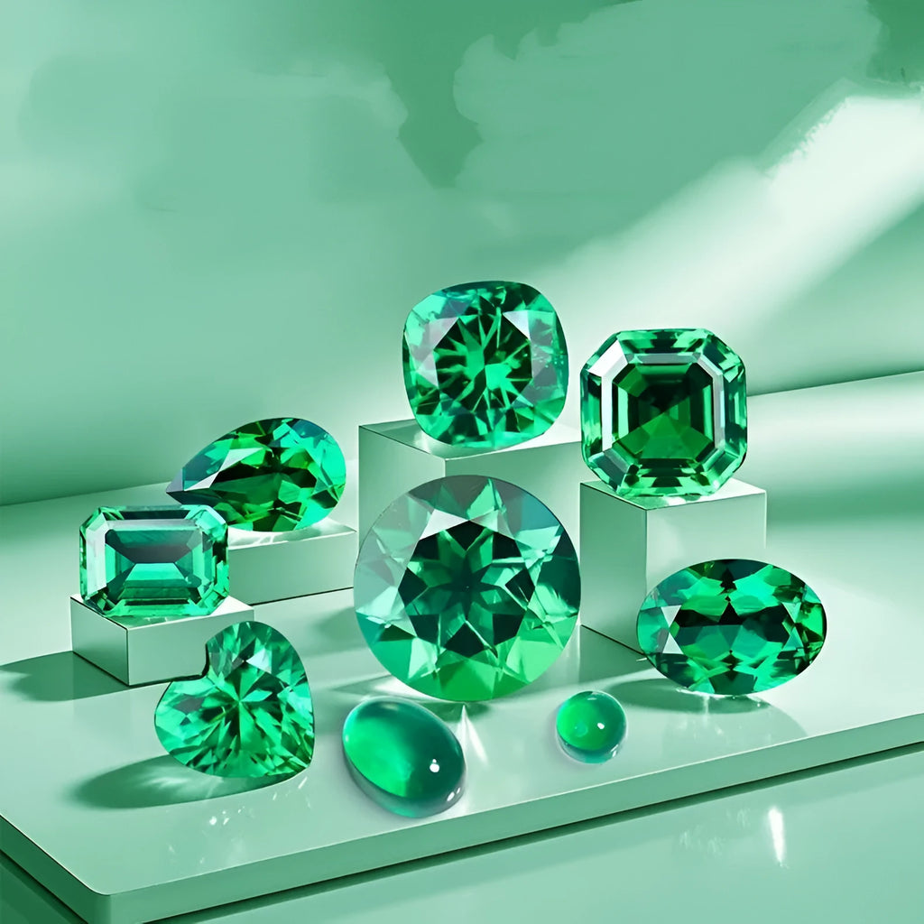 Synthetic cultivated emerald gemstone in Columbia green treasure colour showing round and grandmother cut options