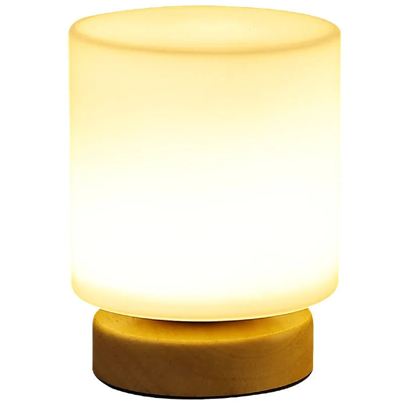 Nordic solid wood USB table lamp in cube style with touch dimming control on wooden desk