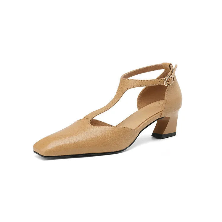Wine red retro square toe chunky heel sheepskin leather shoes with buckle fastening.