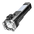 Silver portable LED flashlight with USB power bank function for outdoor and emergency use.