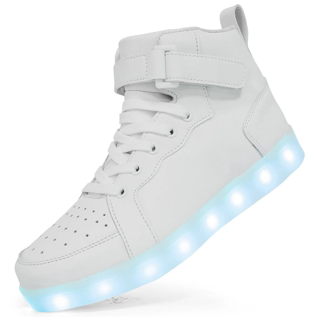 LED high-top board shoes with light-up features and Velcro fastening