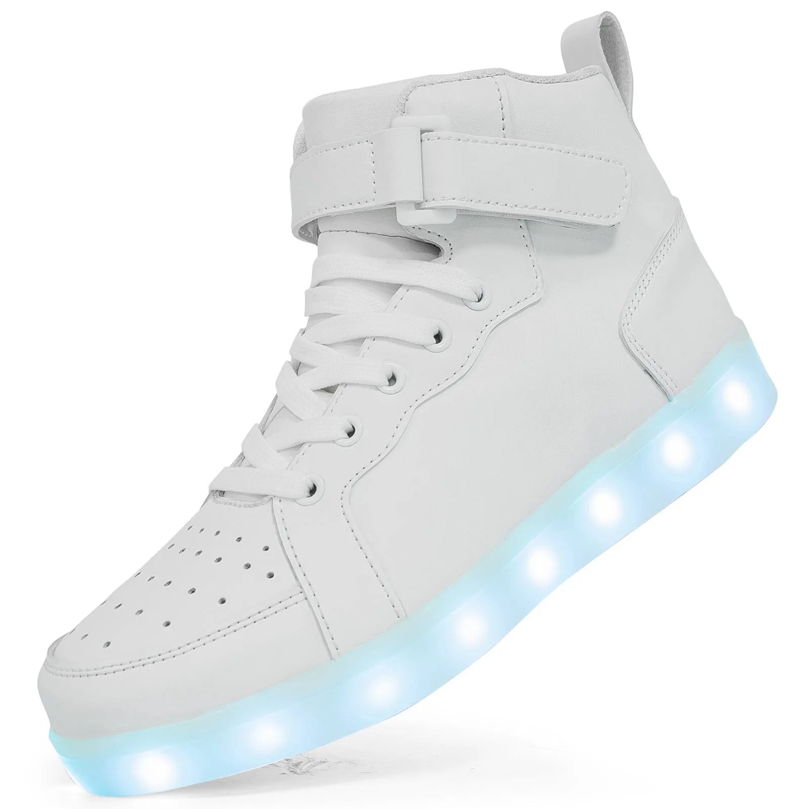 LED high-top board shoes with light-up features and Velcro fastening